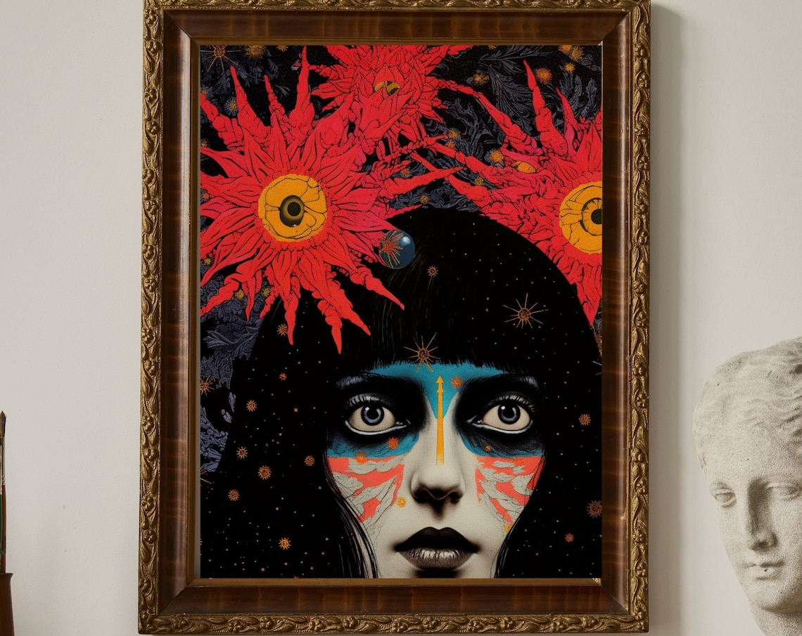 Cosmic Psychedelic Woman Portrait Red Sun Tribal Surreal Art Poster