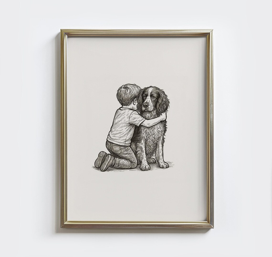English Springer Spaniel And Boy Vintage Sketch Art Print