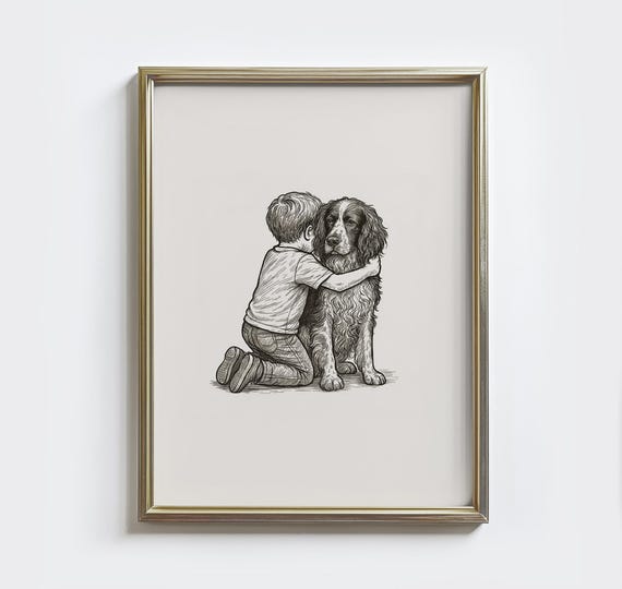 English Springer Spaniel And Boy Vintage Sketch Art Print