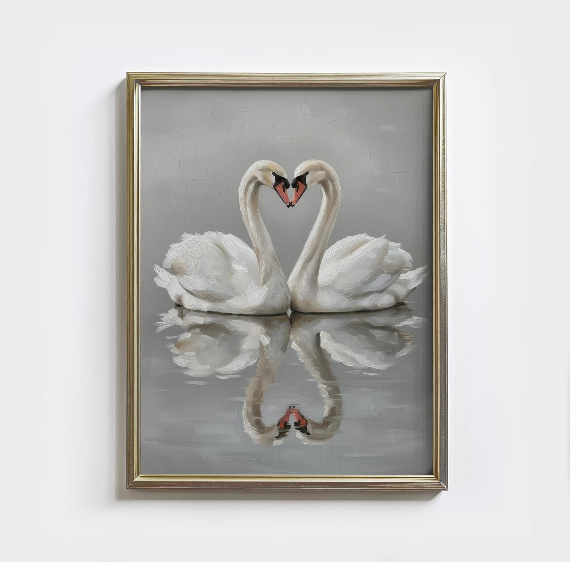 Two White Swans Forming a Heart on Calm Water Romantic Poster