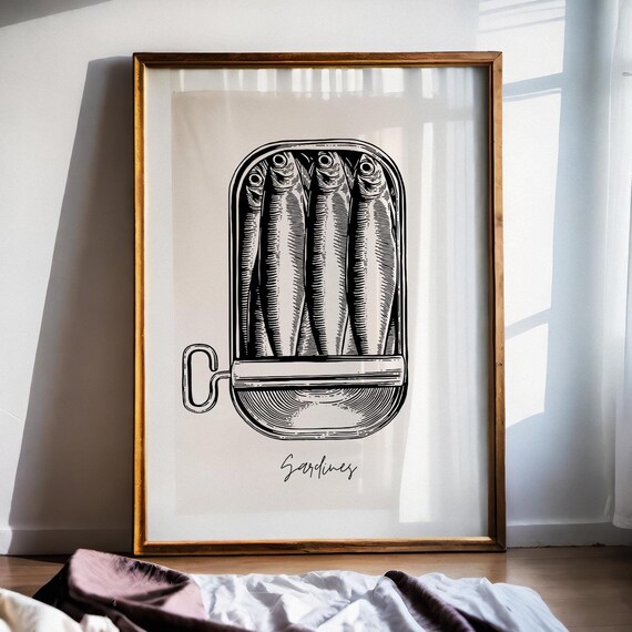 Sardines Print Sardine Tin Vintage Poster Retro Sardine Wall Art Fish Print Wall Art Kitchen Art Vintage Food Print