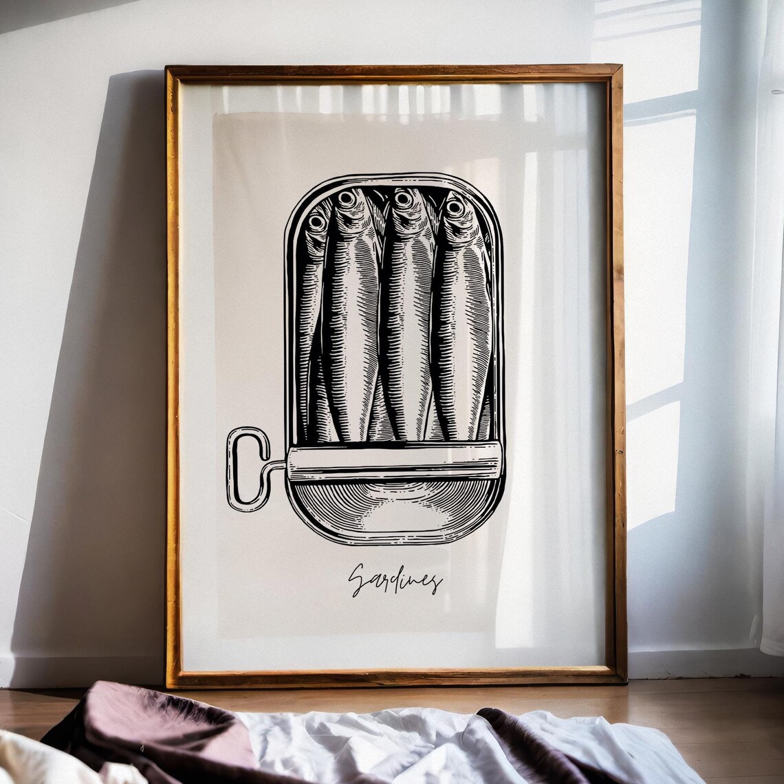 Vintage Sardines Tin Black Ink Fish Illustration Retro Kitchen Poster