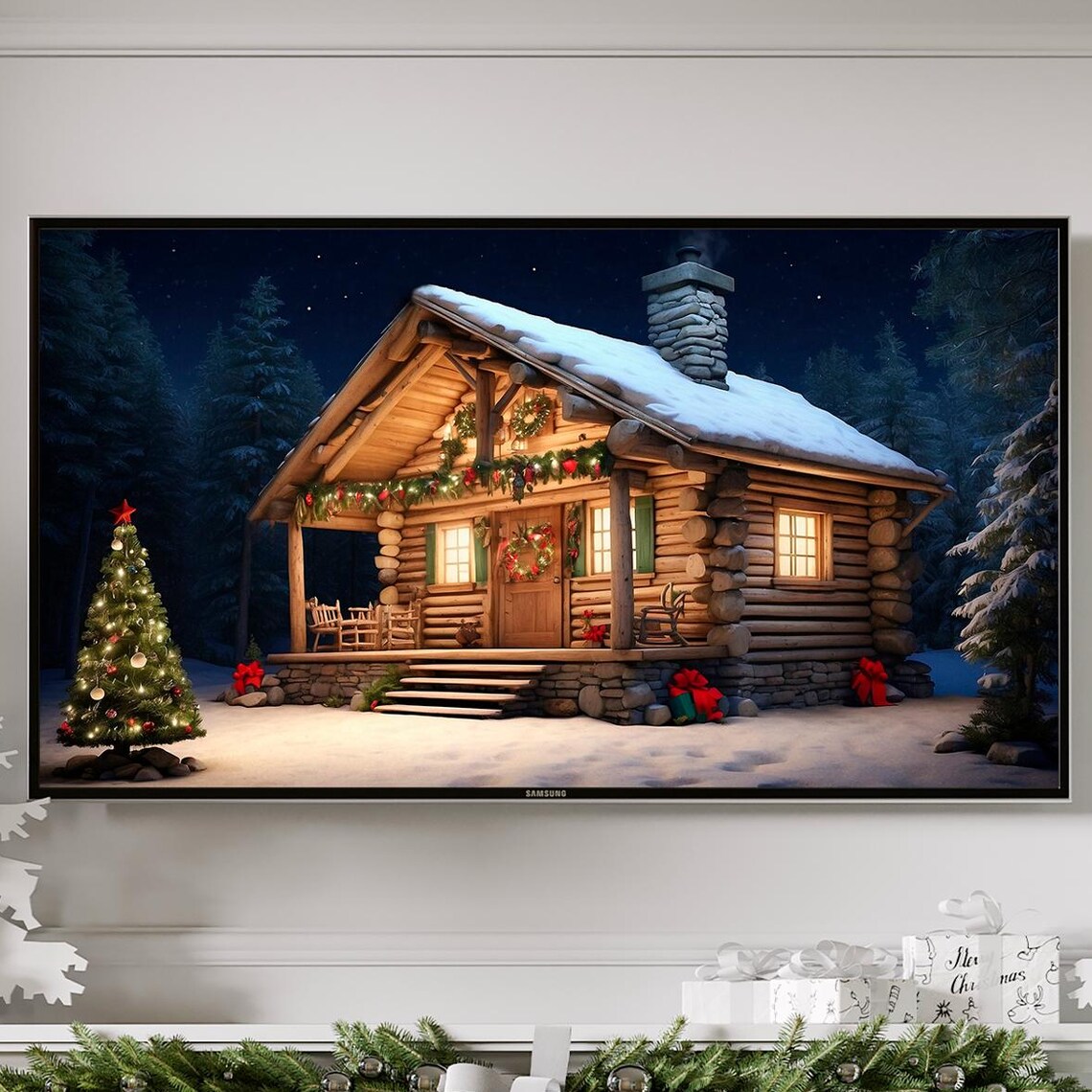 Cozy Christmas Log Cabin in Snowy Woods at Night Holiday Poster