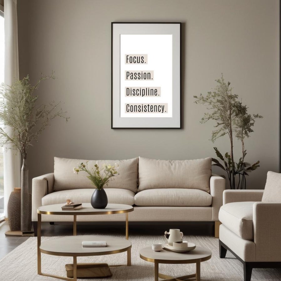 Focus Passion Discipline Consistency Minimalist White Quote Poster
