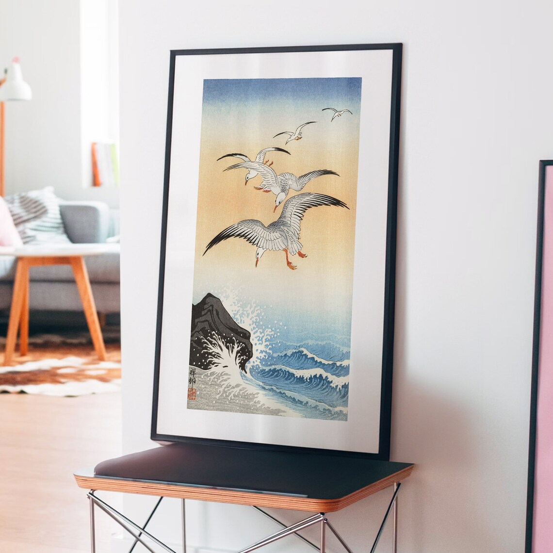Ohara Koson Seagulls Flying Over Ocean Waves Vintage Bird Woodblock Poster - Image 2