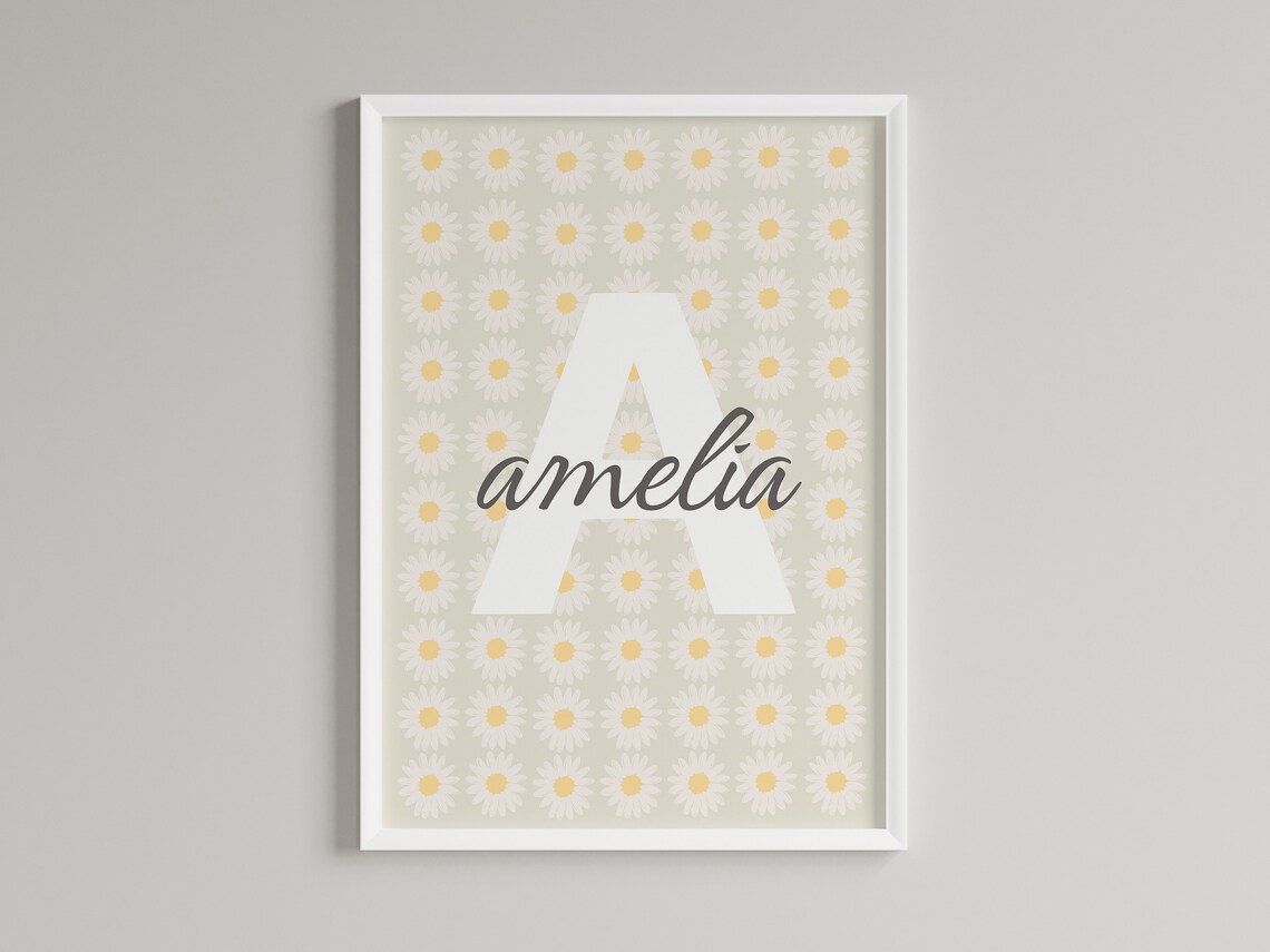 Personalized Daisy Pattern Name Poster Monogram Initial Floral Nursery Art