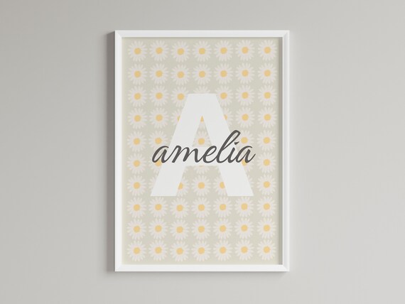Personalized Daisy Pattern Name Poster Monogram Initial Floral Nursery Art