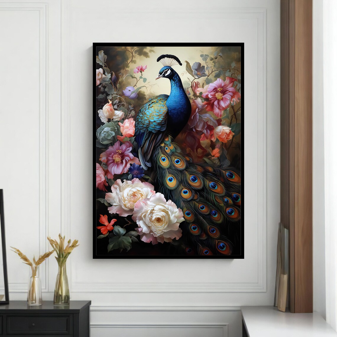 Peacock With Blooming Flowers, Elegant Animal Art - Image 4