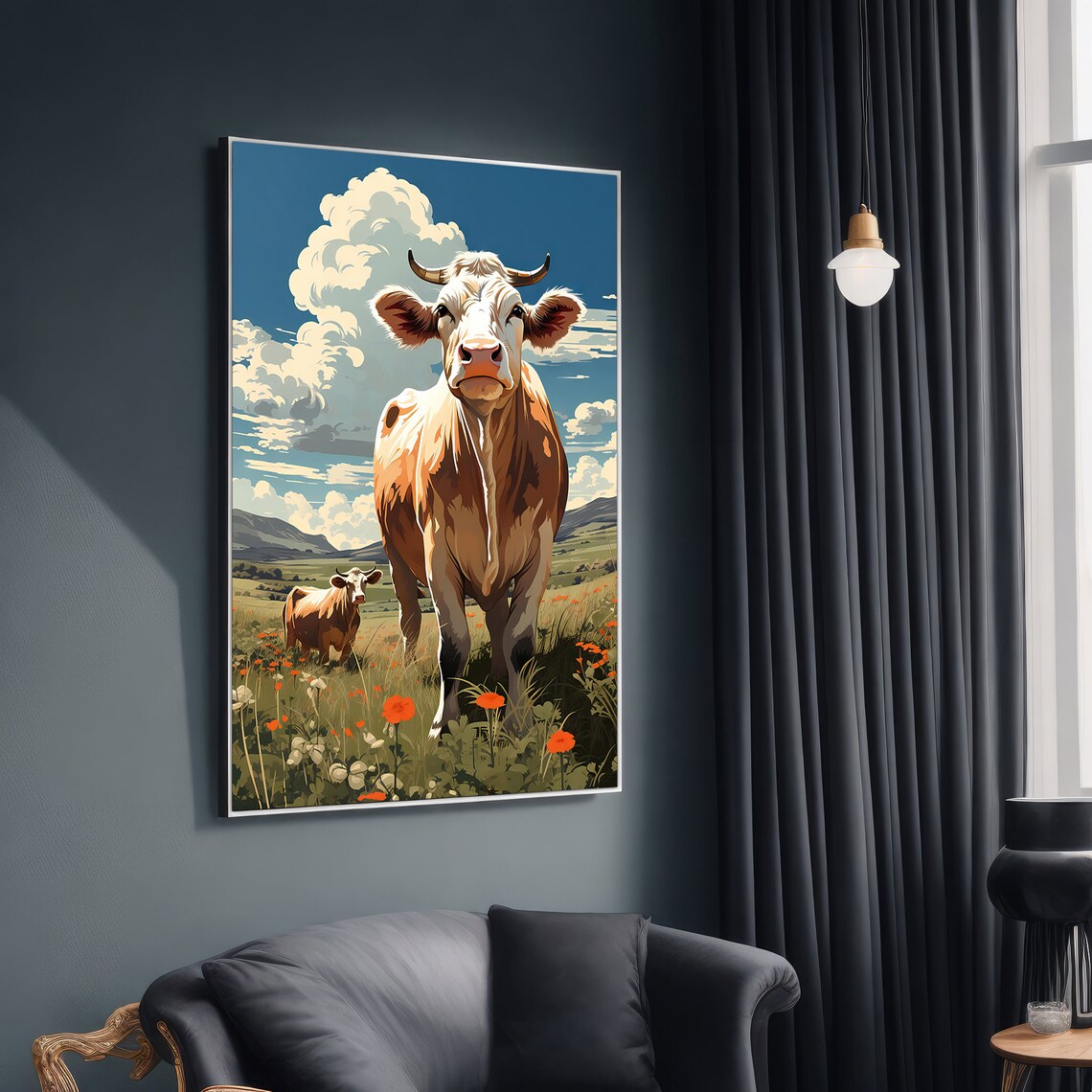 Charming Cow In Meadow, Delightful Wall Art