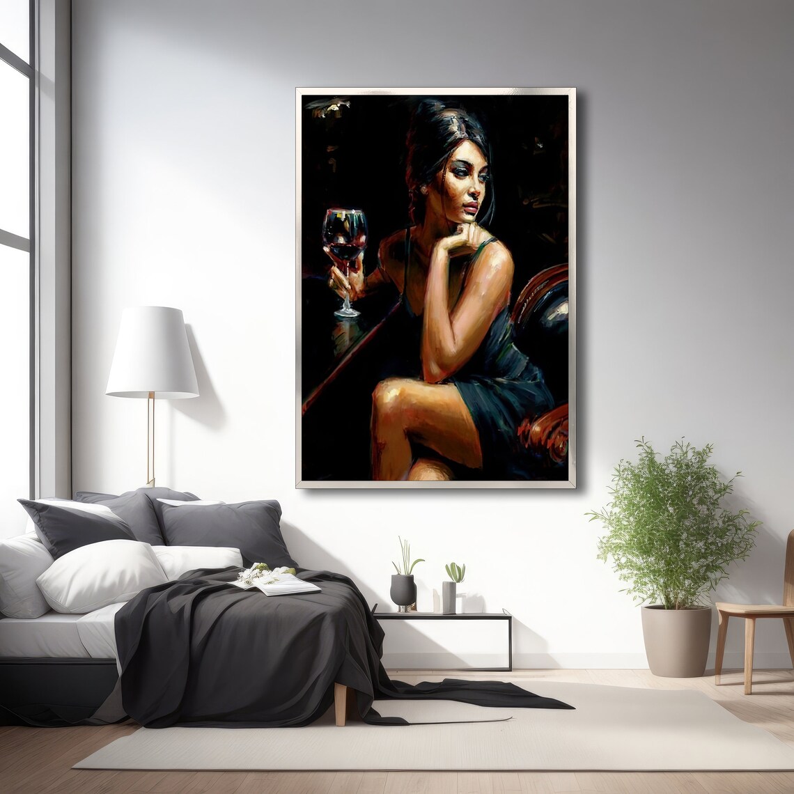 Elegant Woman With Wine Glass, Modern Painting - Image 3