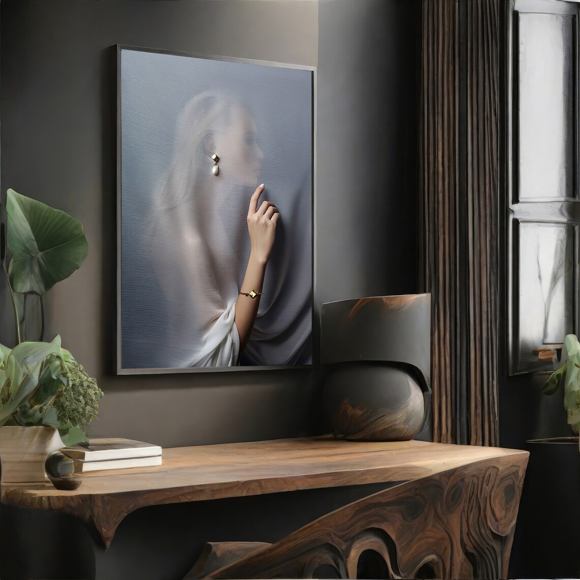 Elegant Woman Behind Glass, Modern Painting