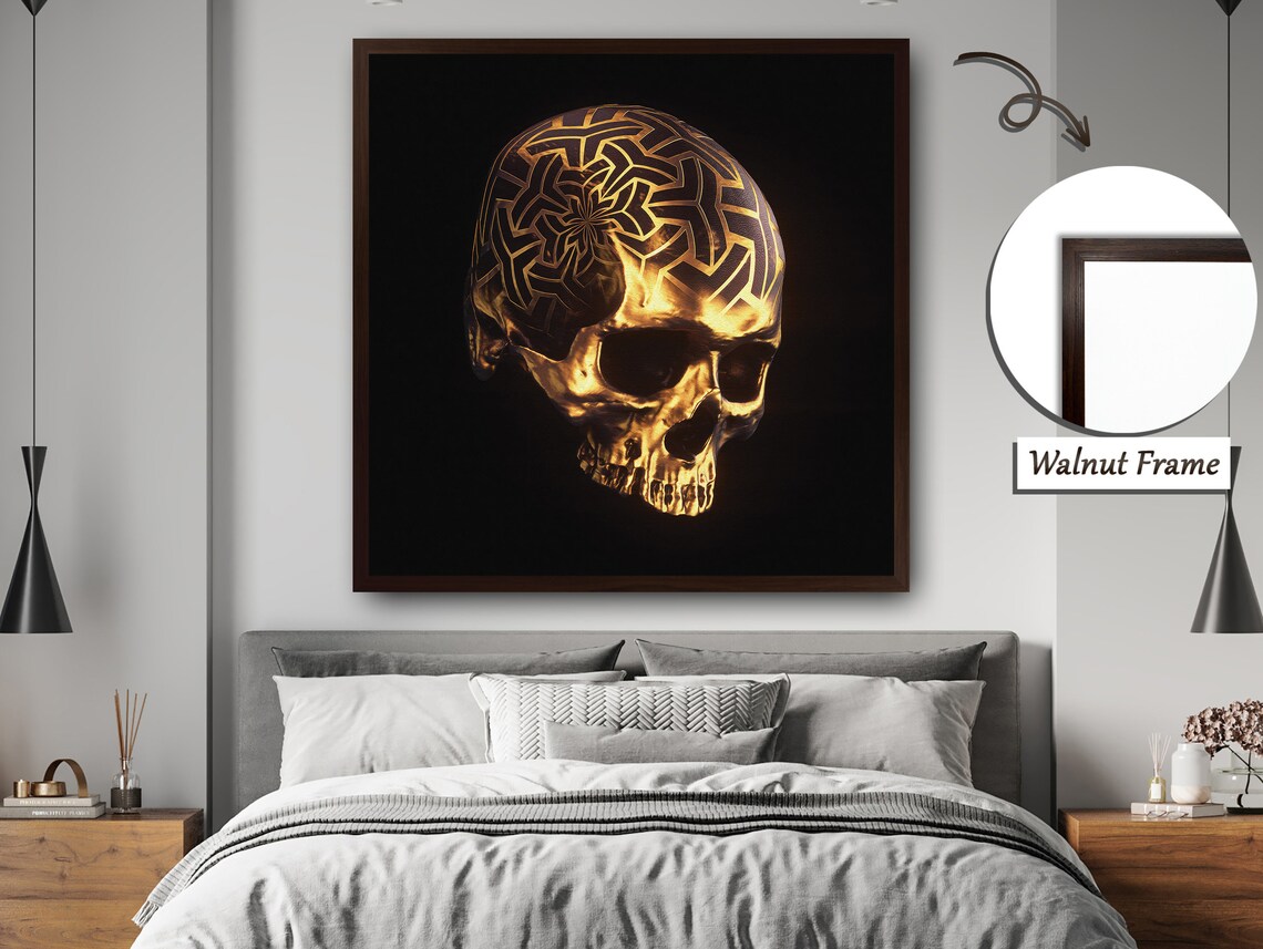 Golden Skull With Triangular Spirals, Mystery Art Print - Image 4