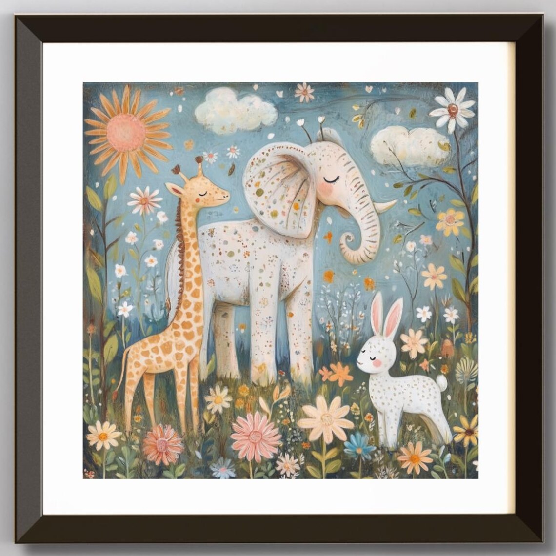Botanical Safari Whimsical Giraffe Elephant Bunny Art Print