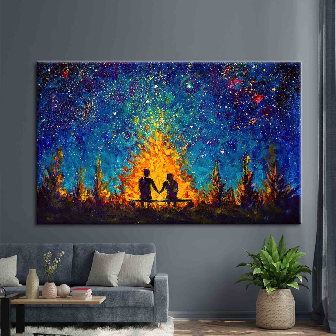 Couple Bonfire Starry Night Sky Romantic Oil Painting Poster