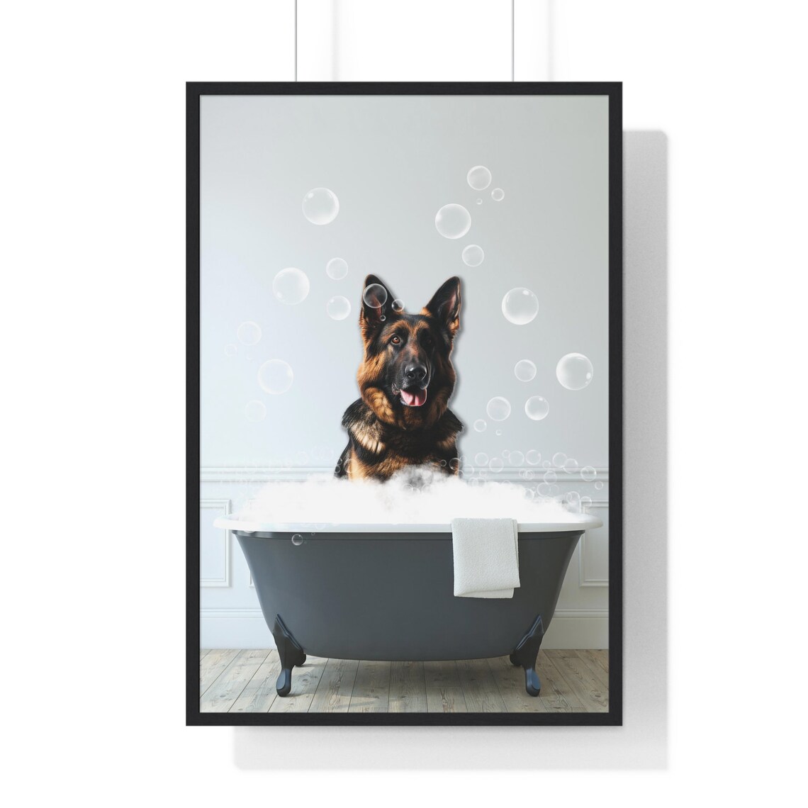 Happy German Shepherd Dog Enjoying a Bubble Bath Bathroom Poster