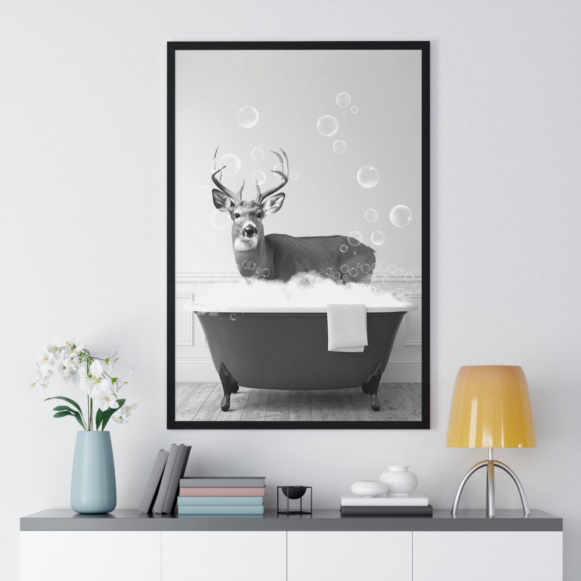 Deer Buck In Bubble Bath Clawfoot Tub Funny Black And White Bathroom Poster - Image 2