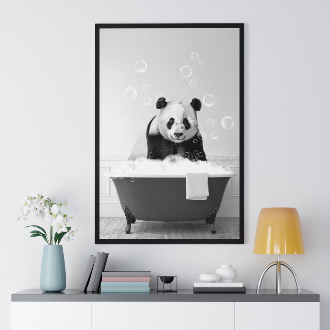 Panda Bear in Bubble Bath Black and White Funny Animal Art Poster - Image 2