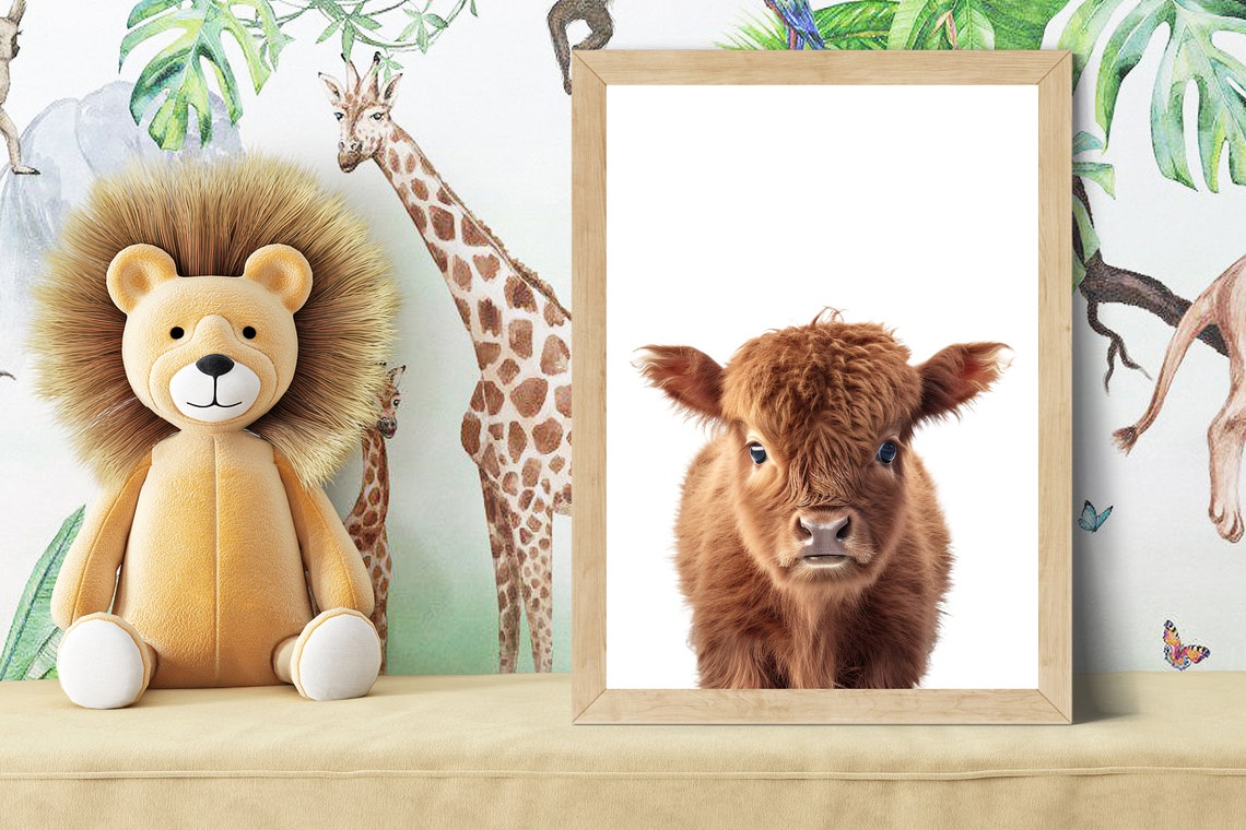 Safari Nursery Art Highland Cow Print Art Safari Animals Art Baby Highland Cow Safari Nursery Decor Whimsical Animal Art