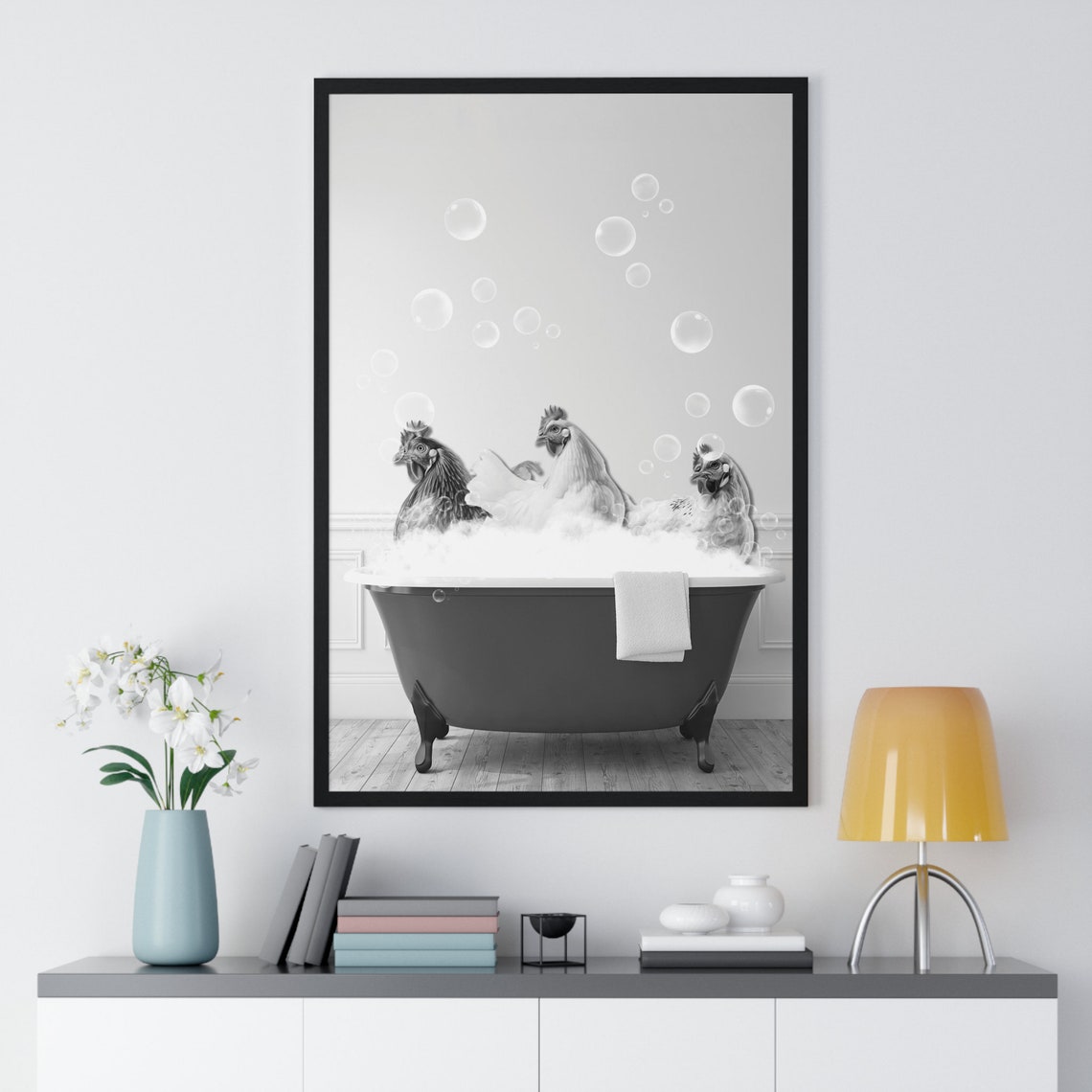 Three Funny Chickens Enjoying Bubble Bath Bathroom Wall Decor Poster - Image 2