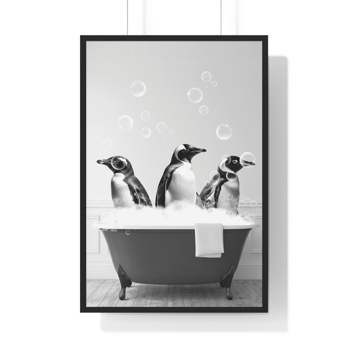 Three Penguins In Bubble Bath Clawfoot Tub Funny Bathroom Poster