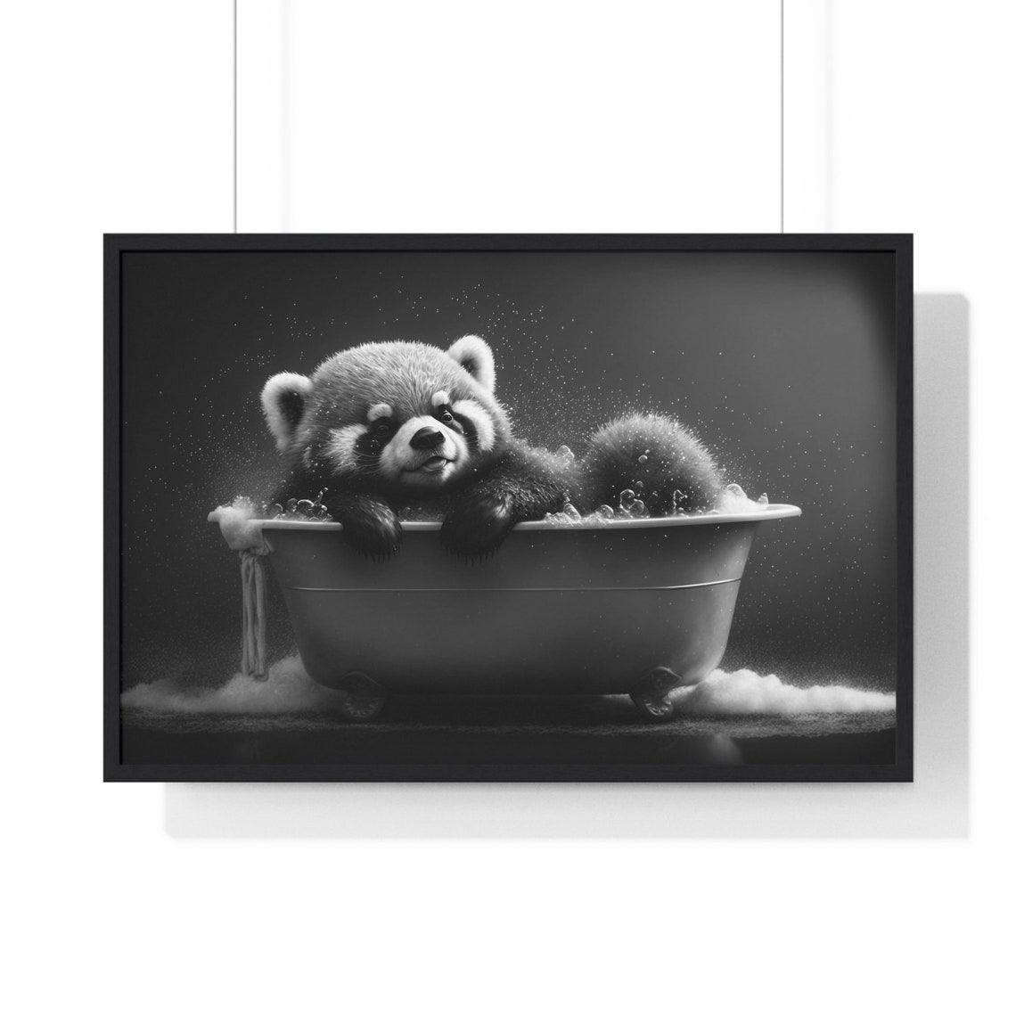 Sleepy Red Panda Cub in Vintage Bathtub Black and White Poster