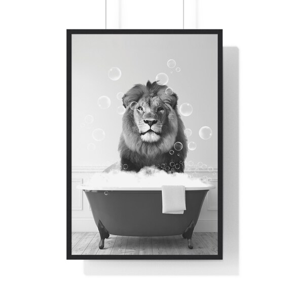 Majestic Lion in Bubble Bath Black and White Funny Animal Art Poster