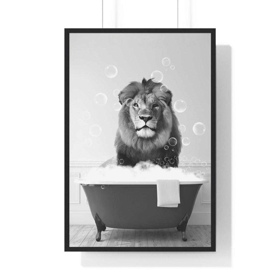 Majestic Lion in Bubble Bath Black and White Funny Animal Art Poster