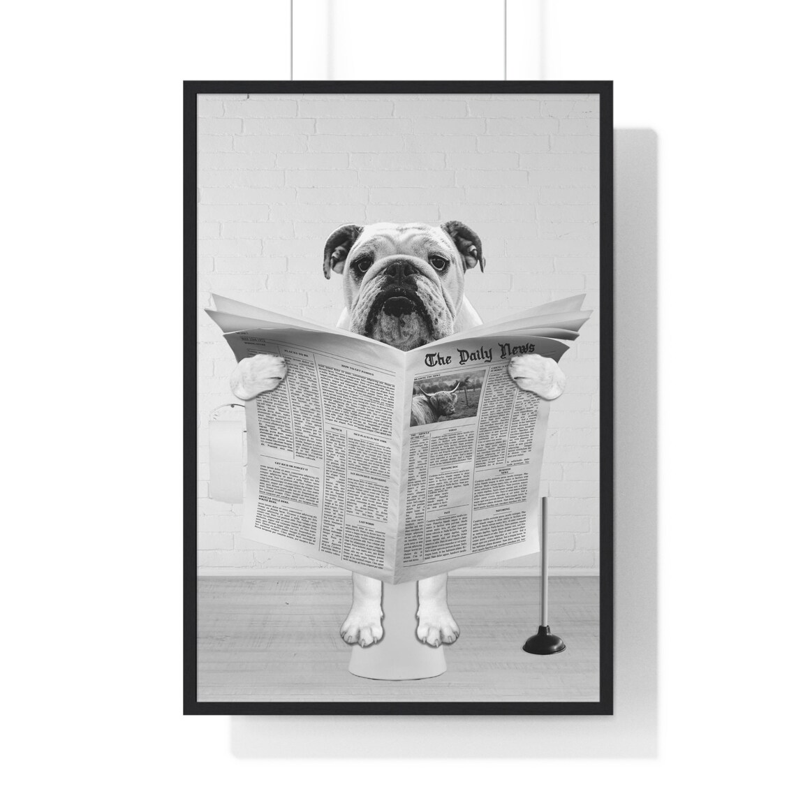 English Bulldog Reading Newspaper While Sitting On Toilet Poster