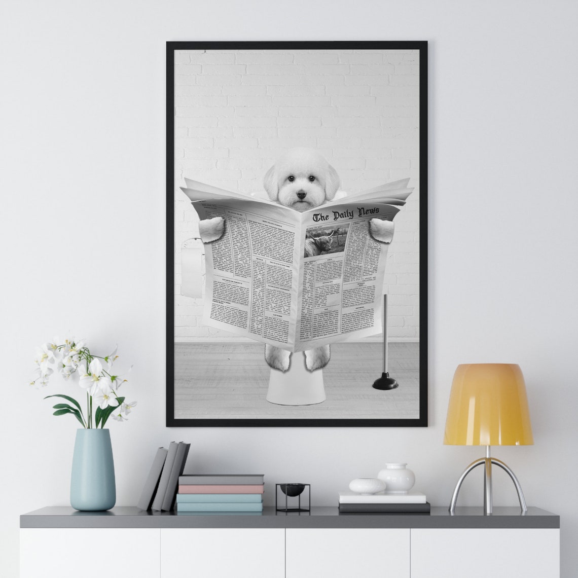 Bichon Frise Reading Newspaper on Toilet Funny Bathroom Poster - Image 2