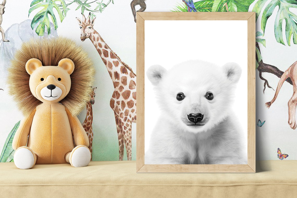 Baby Polar Bear Cub Portrait in Black and White Nursery Poster