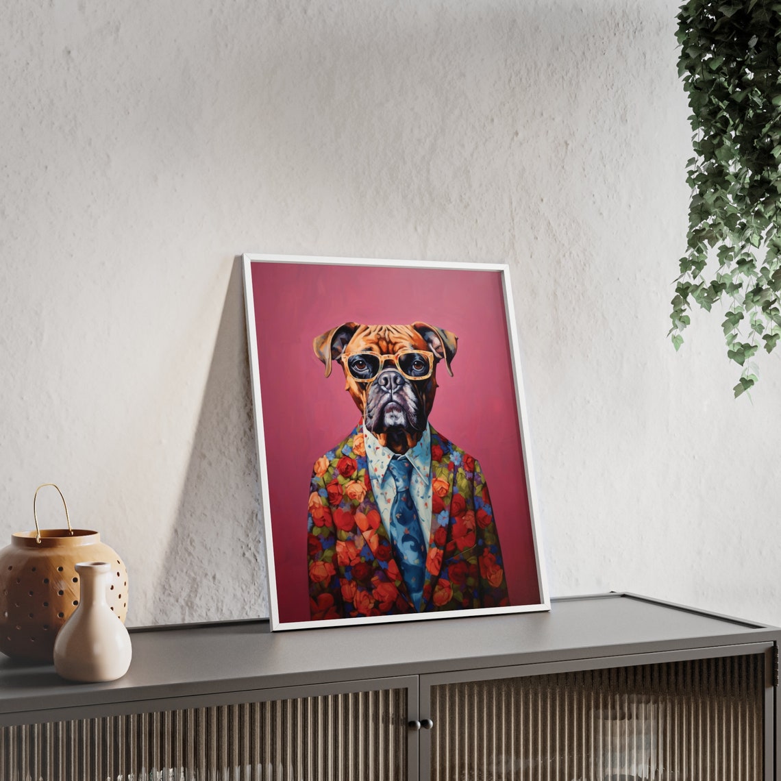 Fawn Boxer Dog in a Floral Suit with Oversized Glasses Poster - Image 2