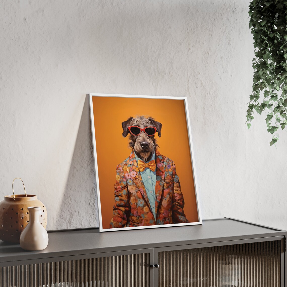 Irish Wolfhound in Red Sunglasses and Orange Bow Tie Portrait Poster - Image 2