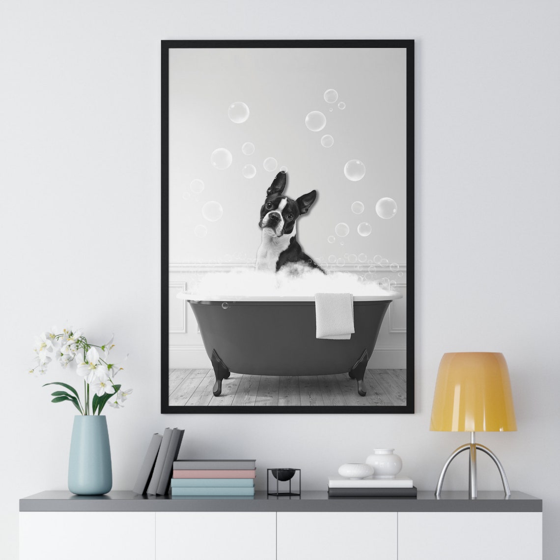 Boston Terrier Dog in a Bubble Bath Black and White Bathroom Poster - Image 2