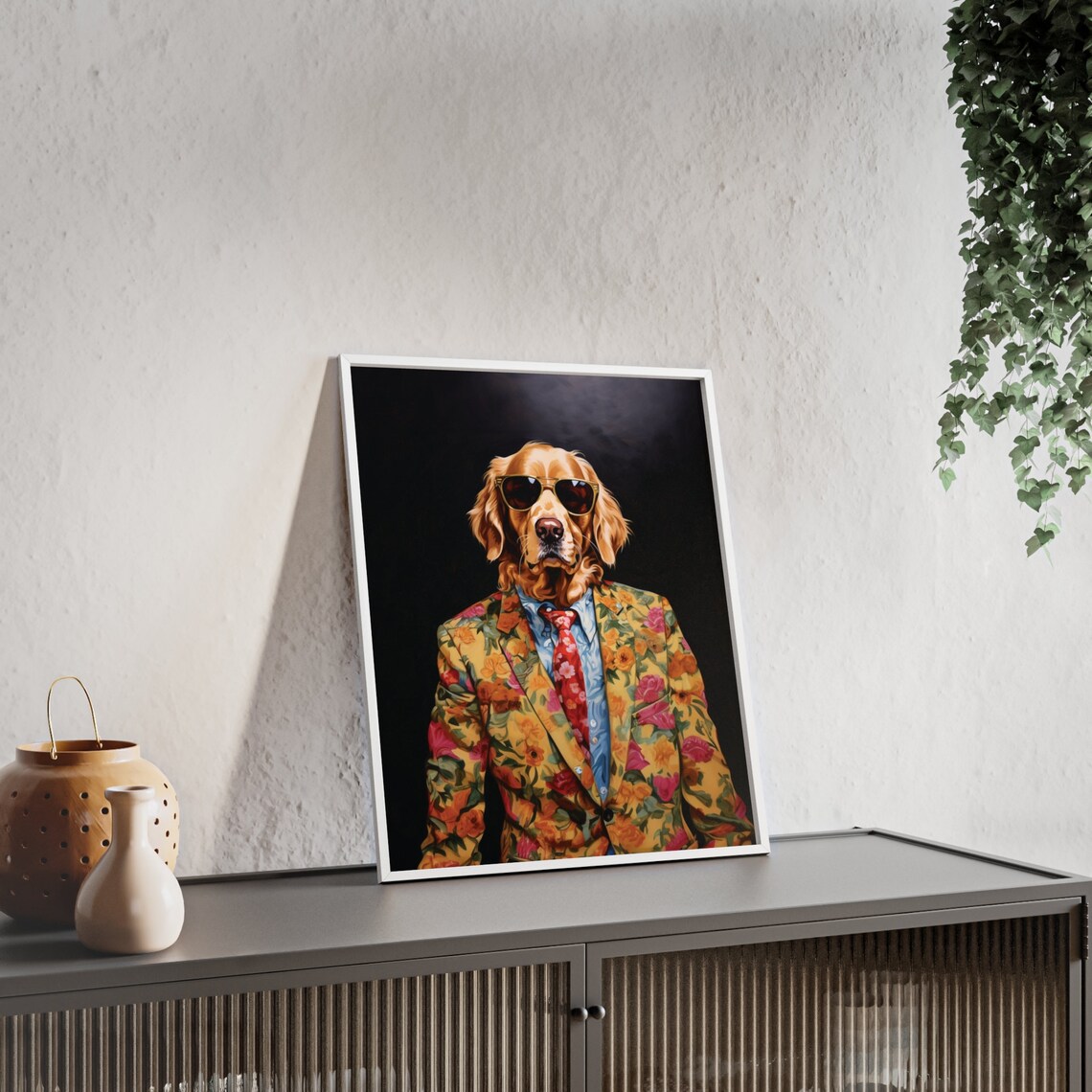 Golden Retriever Dog in a Floral Blazer Fun Fashion Portrait Poster - Image 2