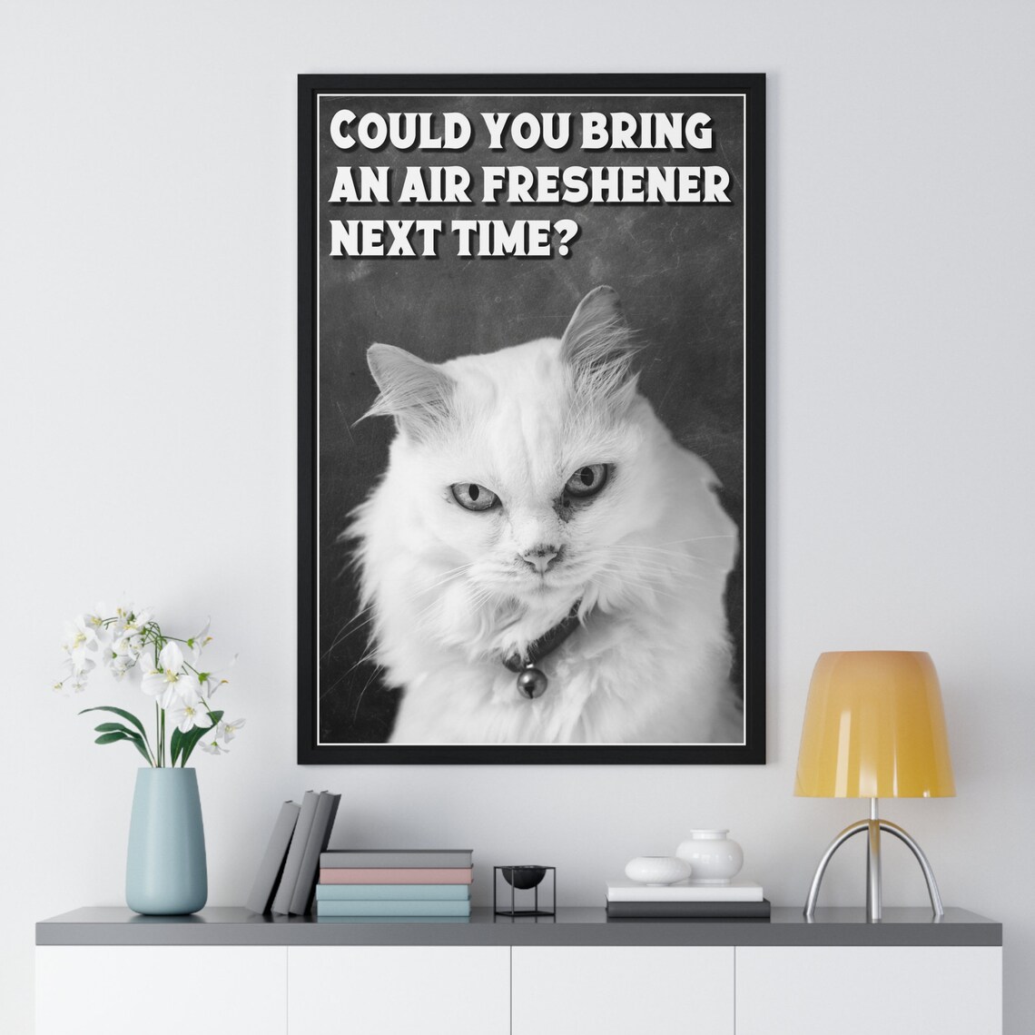 Black And White Grumpy White Cat Selfie Air Freshener Funny Bathroom Poster - Image 2