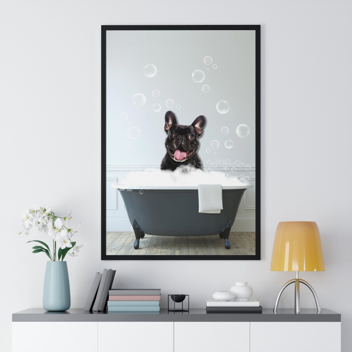 Smiling French Bulldog in Bubble Bath Funny Dog Bathroom Art Poster - Image 2