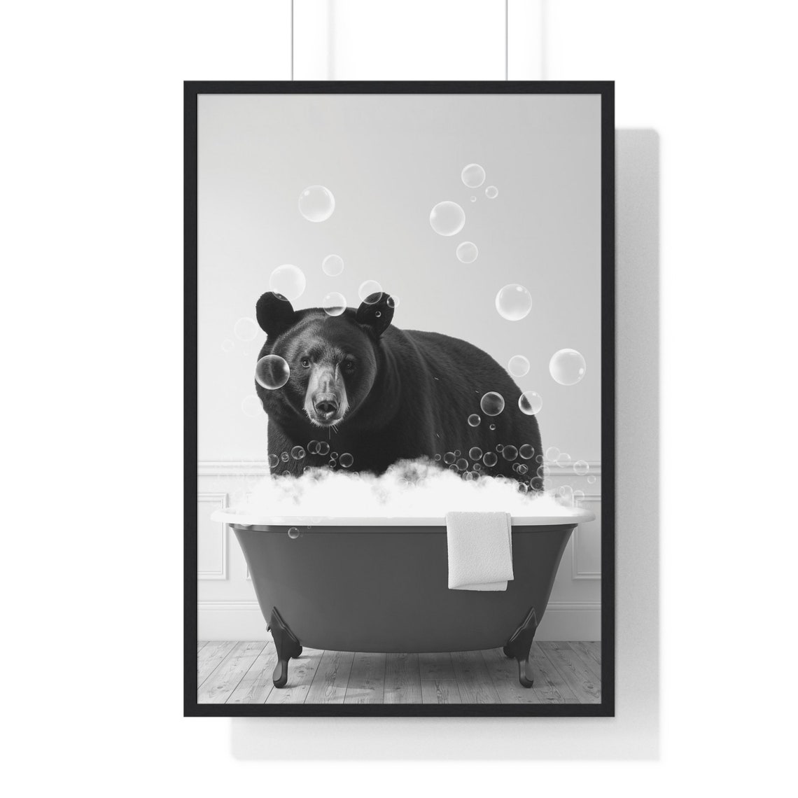 Black Bear Soaking in Bubble Bath Black and White Funny Poster