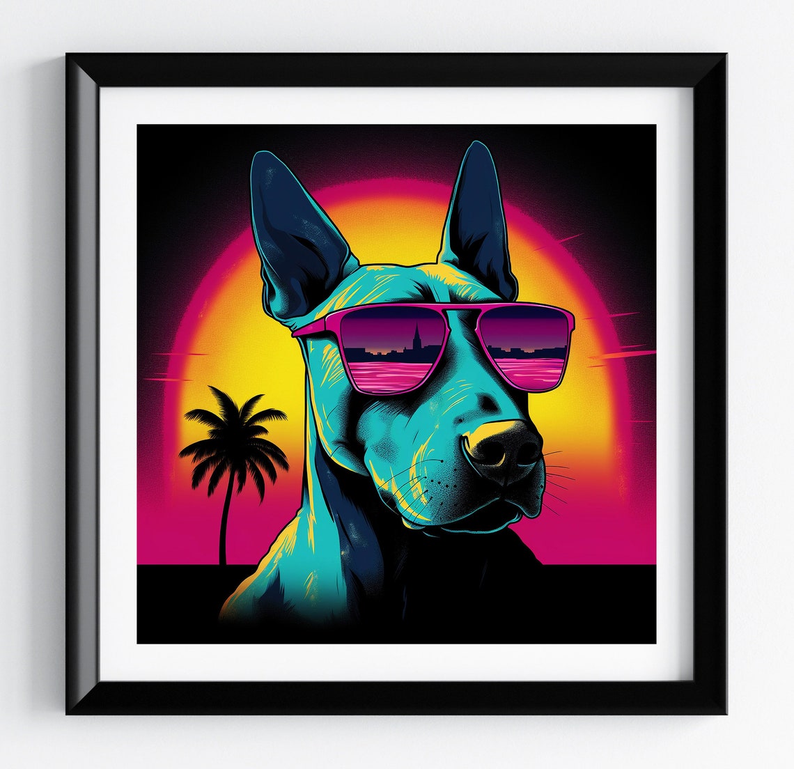 Bull Terrier Retro 80s Neon Synthwave Sunset Pet Portrait Poster