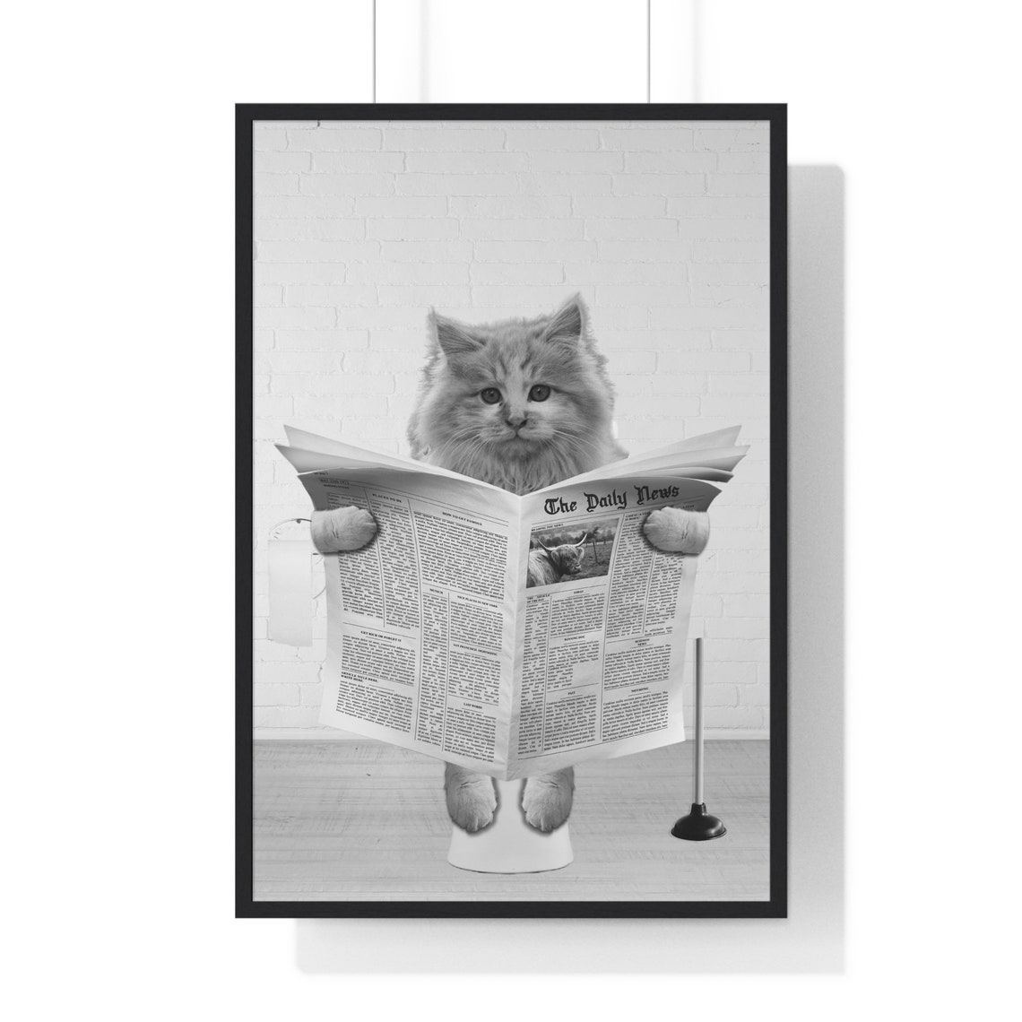 Fluffy Kitten Reading Newspaper on Toilet Funny Bathroom Poster