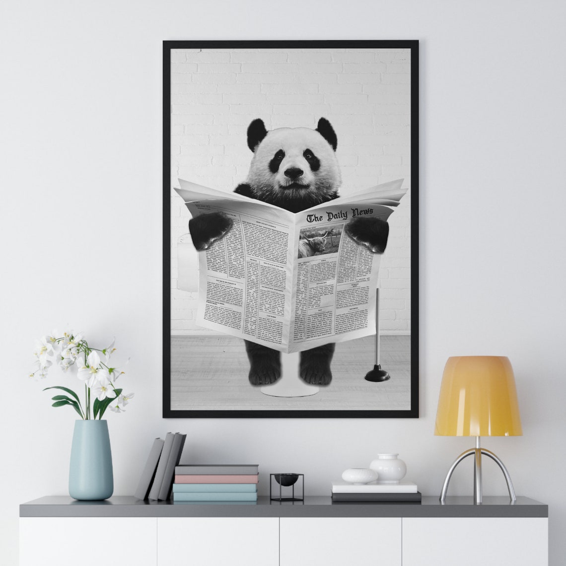 Giant Panda Reading Newspaper on Toilet Funny Bathroom Poster - Image 2