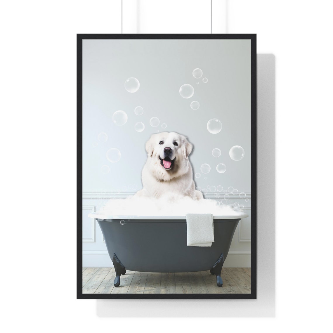 Happy Fluffy Great Pyrenees in a Bubble Bath Bathroom Poster