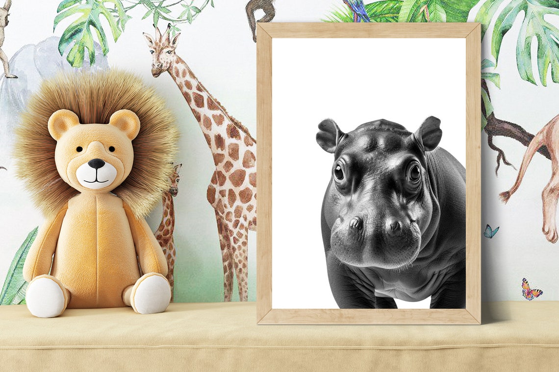 Baby Hippo Close-Up Portrait in Black and White Nursery Poster