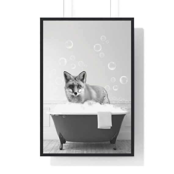 Fox Sitting in a Bubble Bath Black and White Funny Bathroom Poster