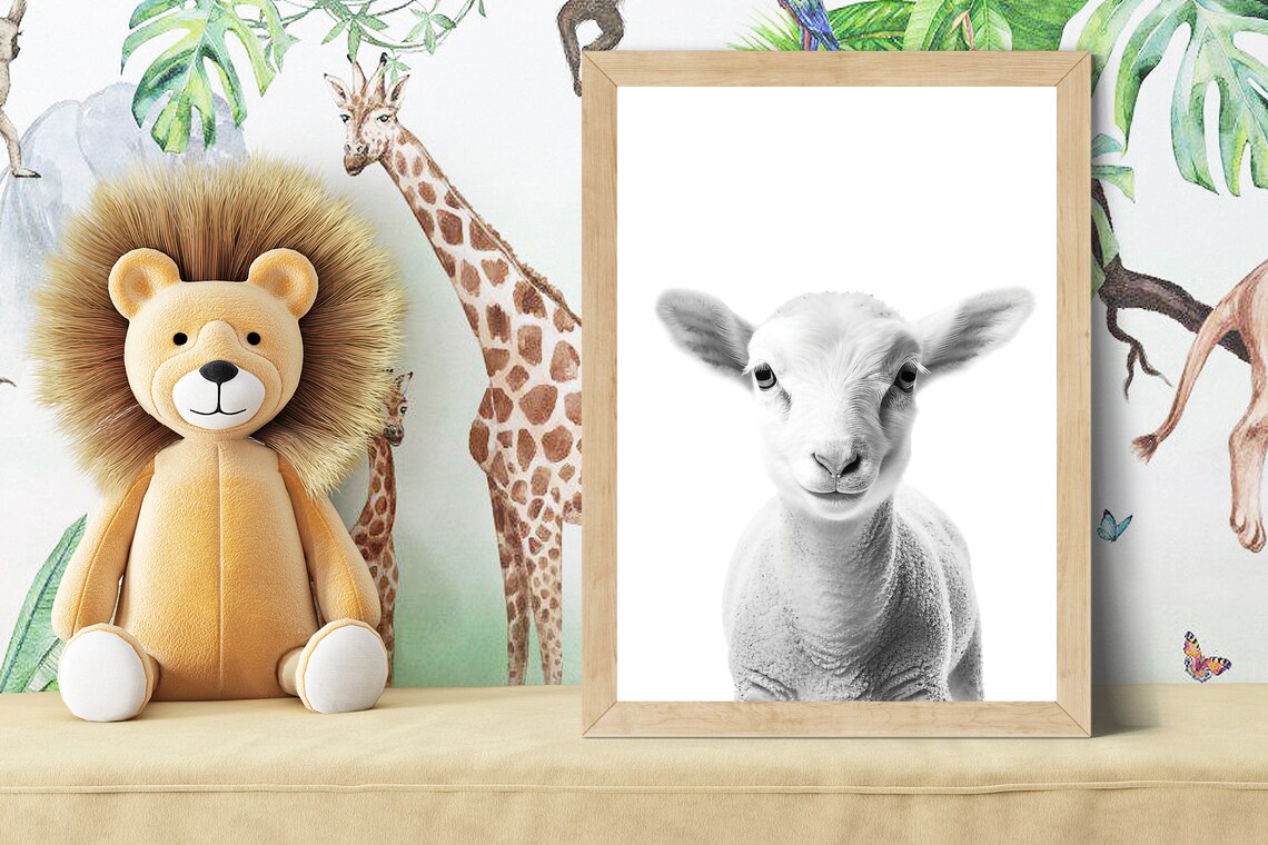 Sweet Baby Lamb Face Portrait in Black and White Nursery Poster