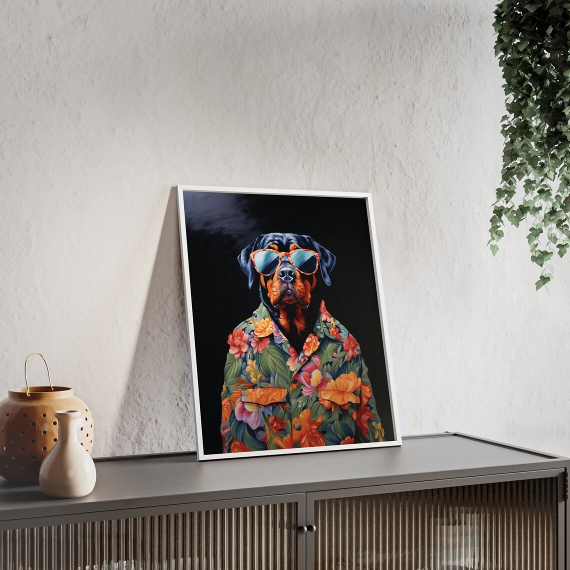 Rottweiler in Amber Sunglasses and Tropical Floral Shirt Poster - Image 2