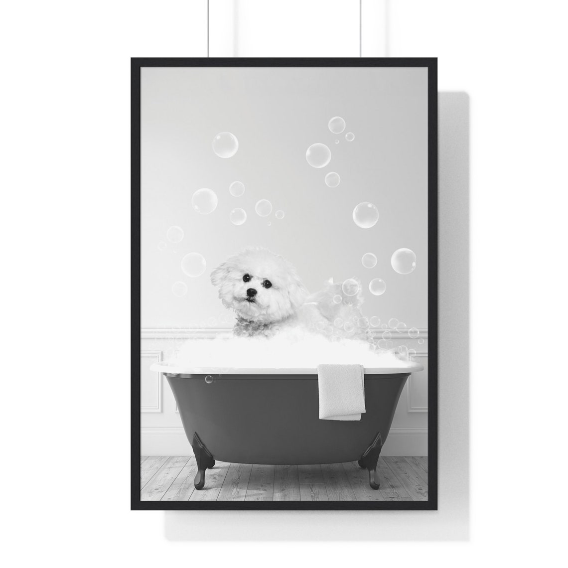 Bichon Frise Relaxing in Bubble Bath Black and White Bathroom Poster