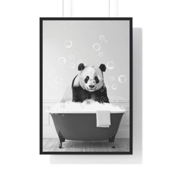 Panda Bear in Bubble Bath Black and White Funny Animal Art Poster