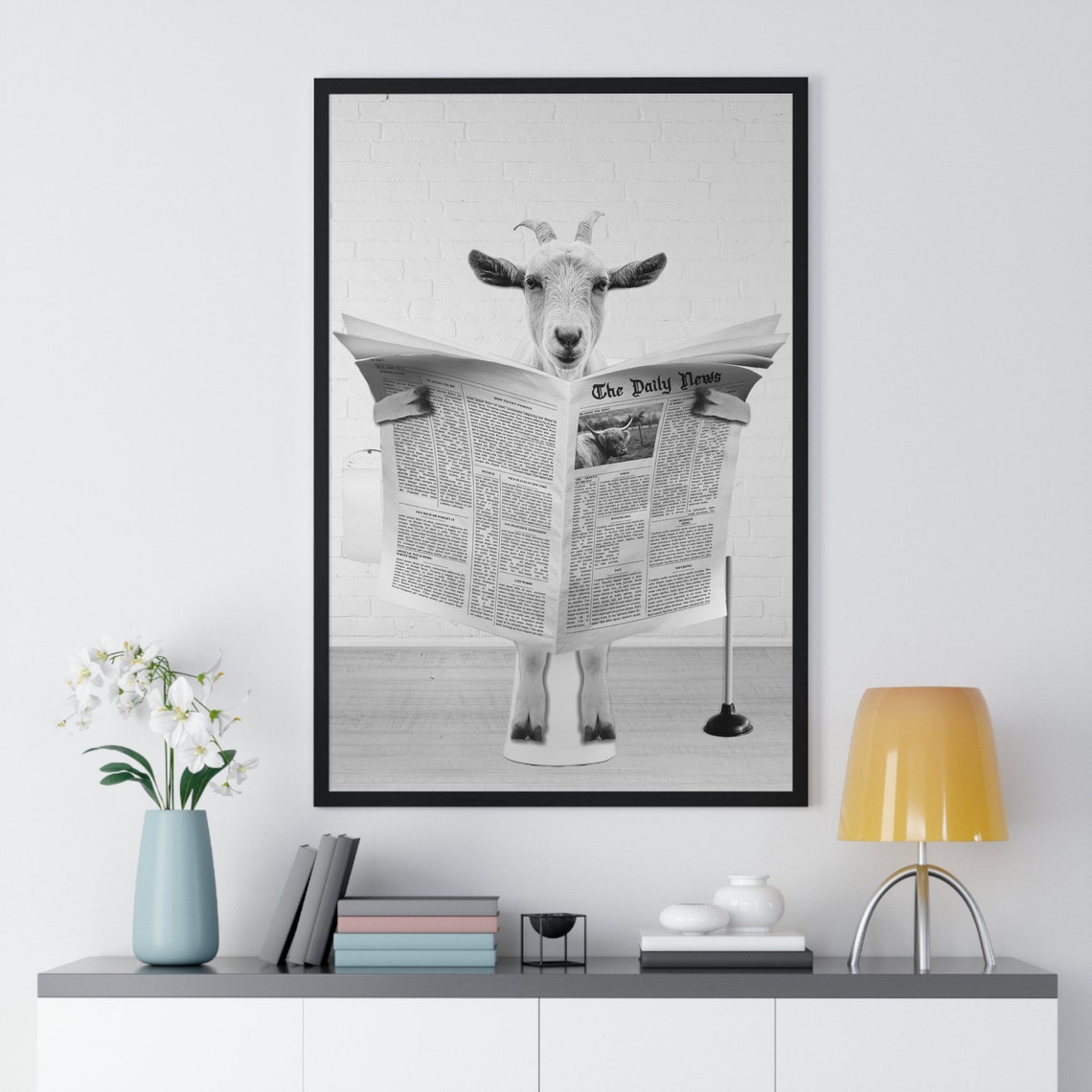 Goat Reading Newspaper on Toilet Funny Black and White Poster - Image 2