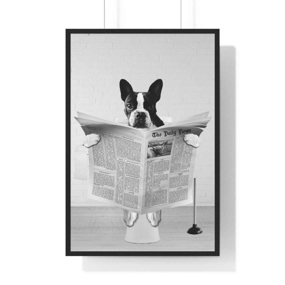 Boston Terrier Reading Daily News on Toilet Funny Bathroom Poster