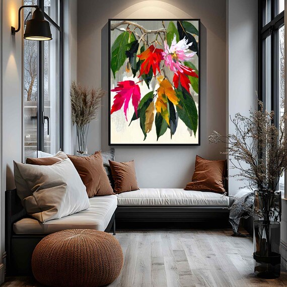 Japanese Botanical Autumn Leaves Red Maple Flower Vibrant Color Poster